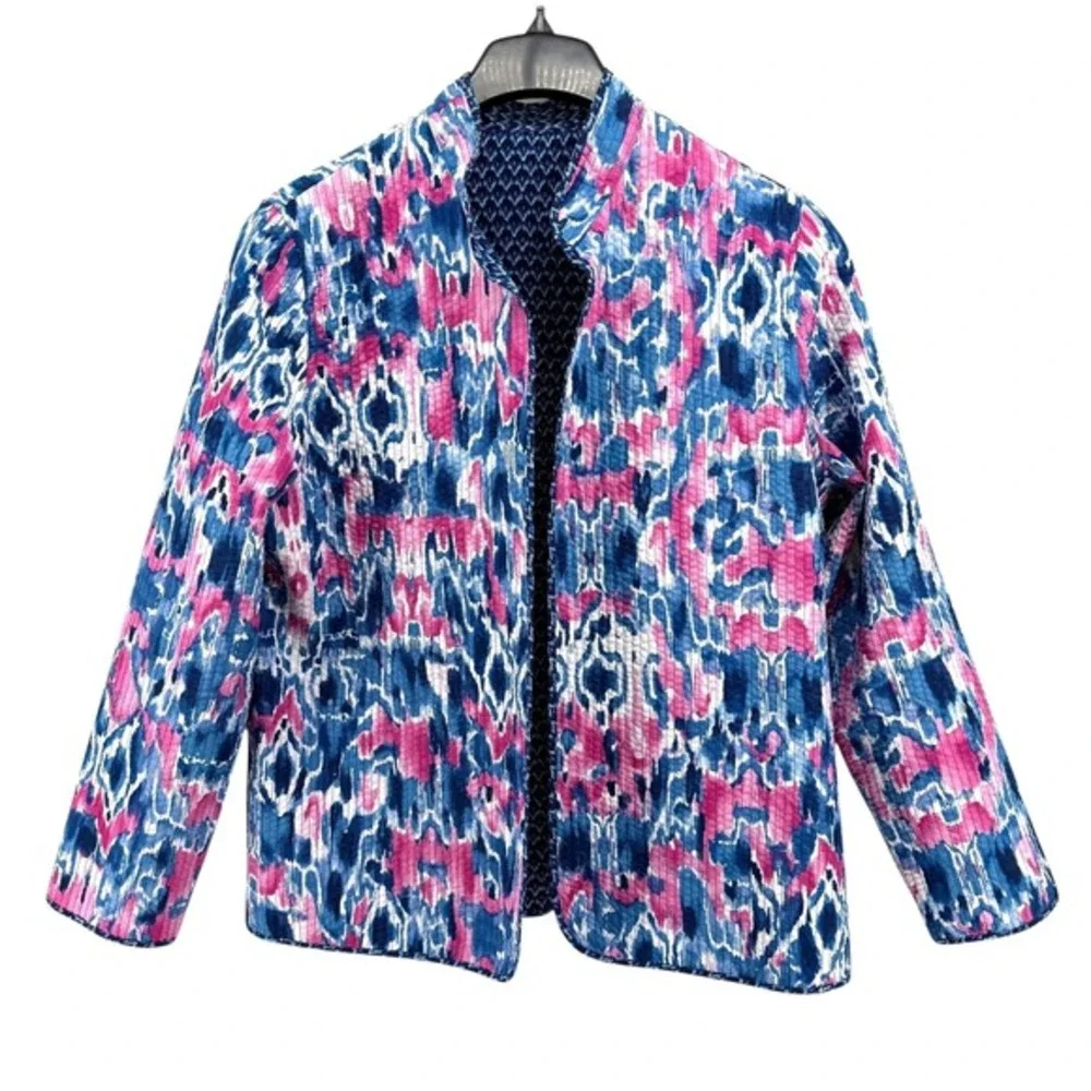Artisan Quilted Womens M/L Pre-Owned Reversible Jacket Ikat Print‎ Collarless